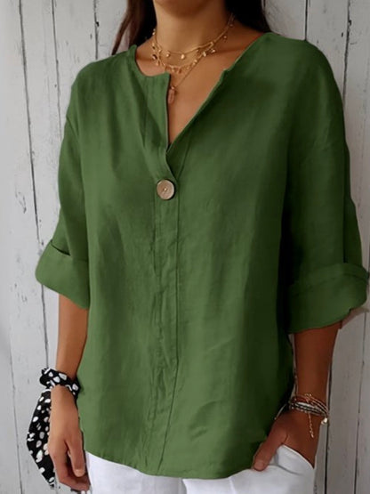 LinVea™ – Blouse Femme en Lin Léger avec Col V Élégant et Bouton en Bois