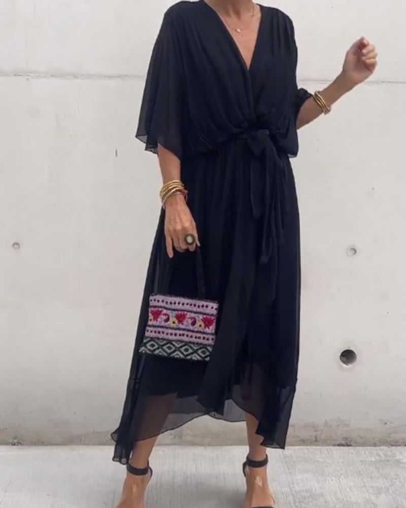 Robe Femme Chic - Robe Élégante Manches Amples avec Ourlet Décalé