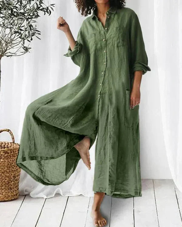 Robe Femme Lin Verte Élégante Manches Longues - LuxeStyle