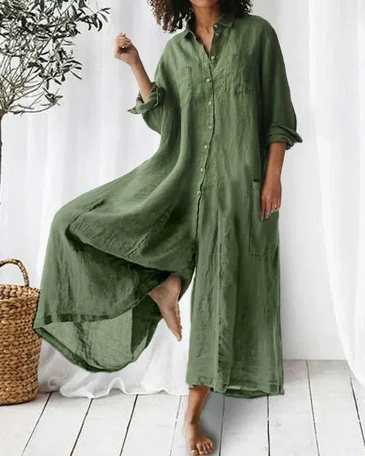 Robe Femme Lin Verte Élégante Manches Longues - LuxeStyle