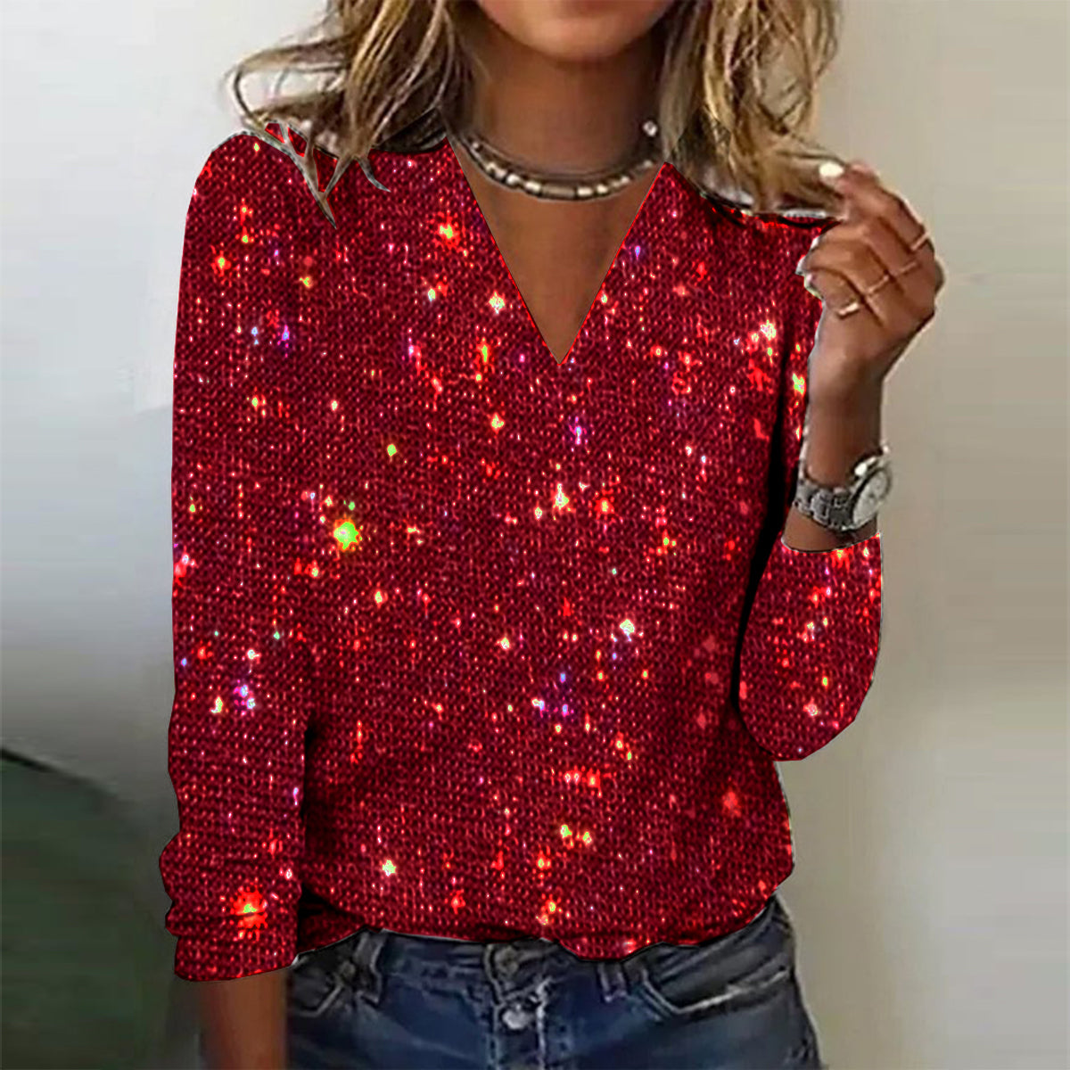 Blouse Élégante Manches Longues avec Paillettes pour Femme