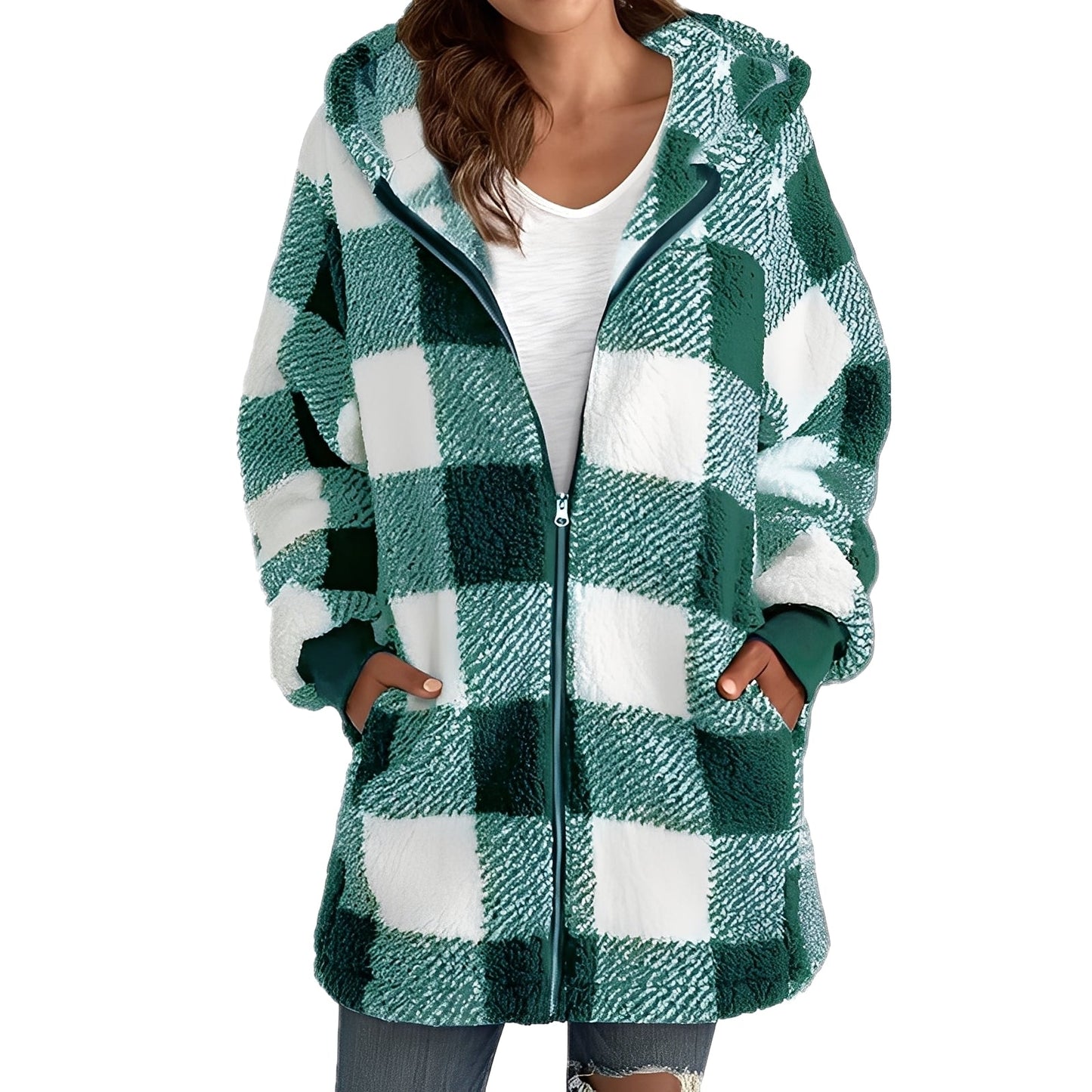 Veste à Capuche Femme Hiver Douce et Chaude à Carreaux