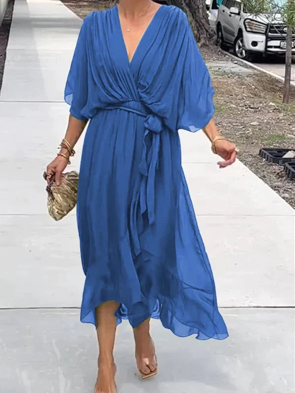 Monica™ – Robe Longue Femme en Mousseline de Soie Élégante Encolure en V
