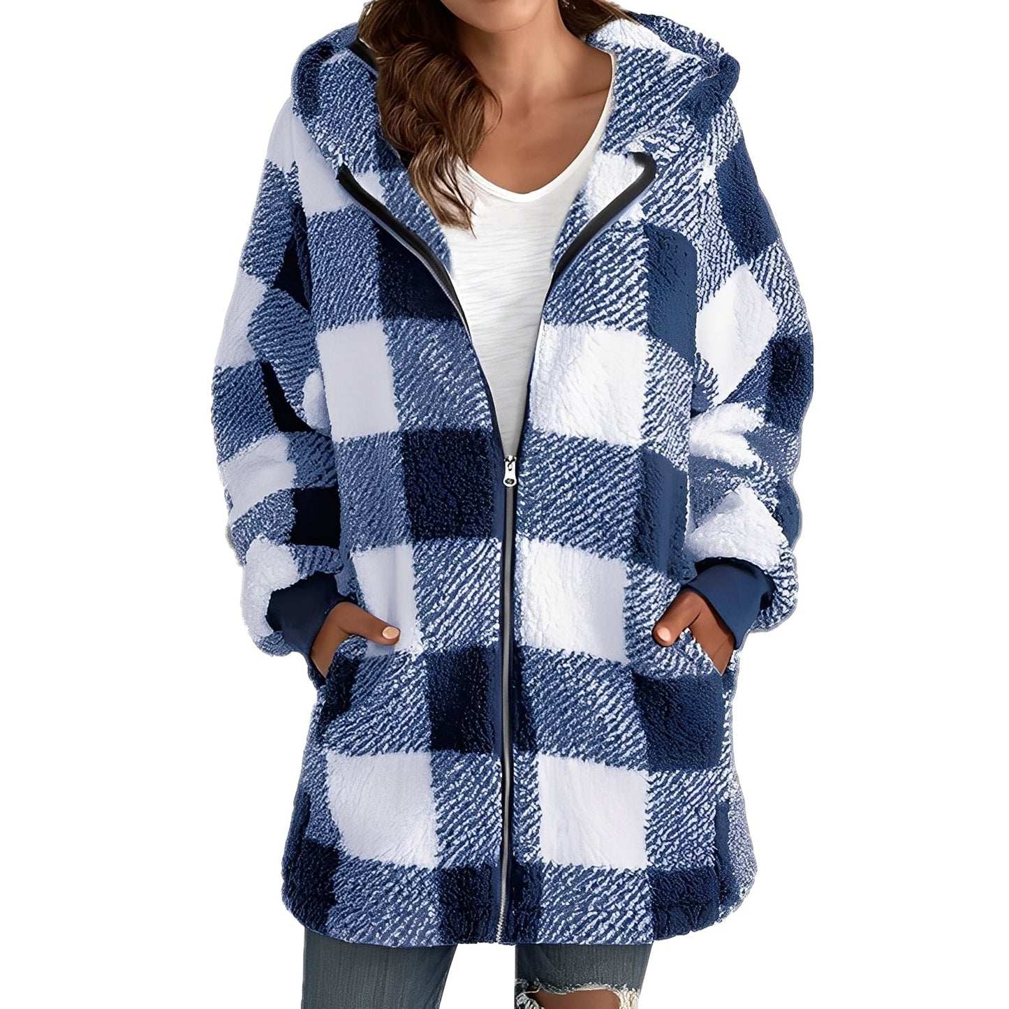 Veste à Capuche Femme Hiver Douce et Chaude à Carreaux