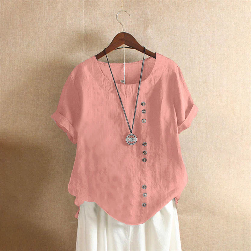 Blouse Lin Élégante Manches Courtes Boutons Féminins