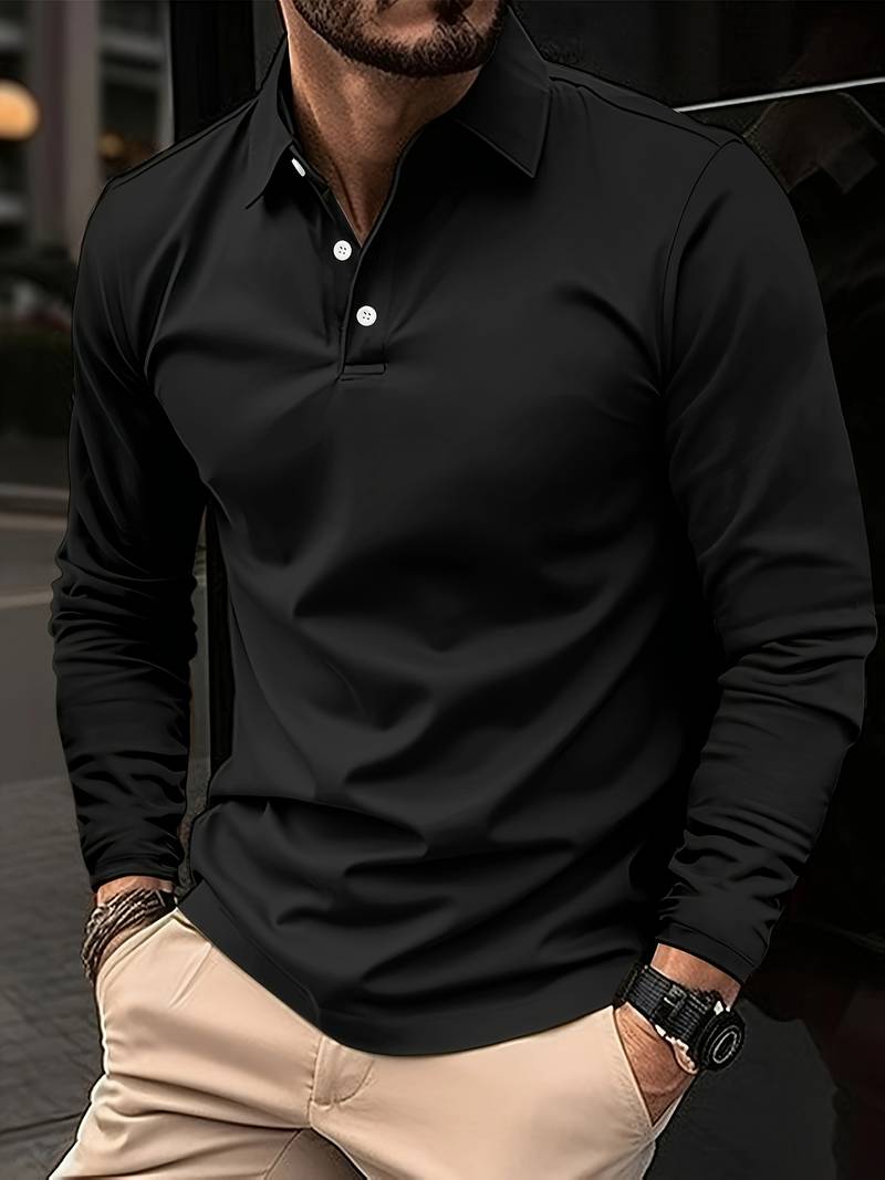 Chemise Polo Homme Classique Manches Longues Noir Élégant - LuxeStyle