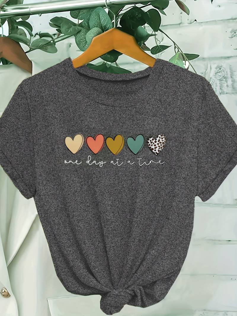 T-Shirt Décontracté à Manches Courtes avec Imprimé Cœurs Colorés pour Femme