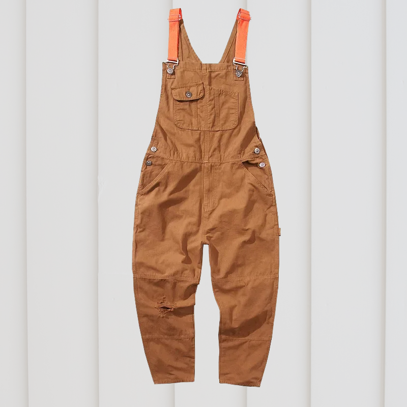 Salopette décontractée en coton brun avec bretelles colorées pour femme et homme - LuxeStyle