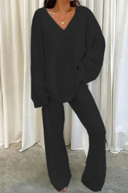 Tenue Décontractée Femme – Ensemble Détente Douillet avec Pull Col V et Pantalon Confort