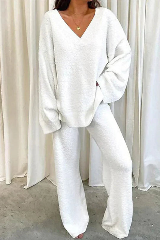Tenue Décontractée Femme – Ensemble Détente Douillet avec Pull Col V et Pantalon Confort - LuxeStyle