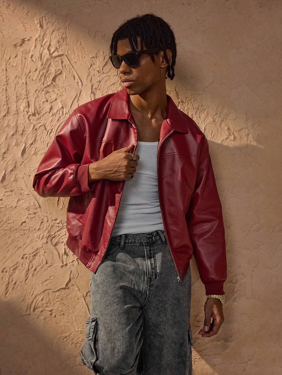 Veste Cuir Rouge Homme Élégante à Fermeture Éclair