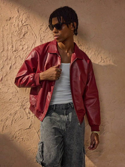 Veste Cuir Rouge Homme Élégante à Fermeture Éclair
