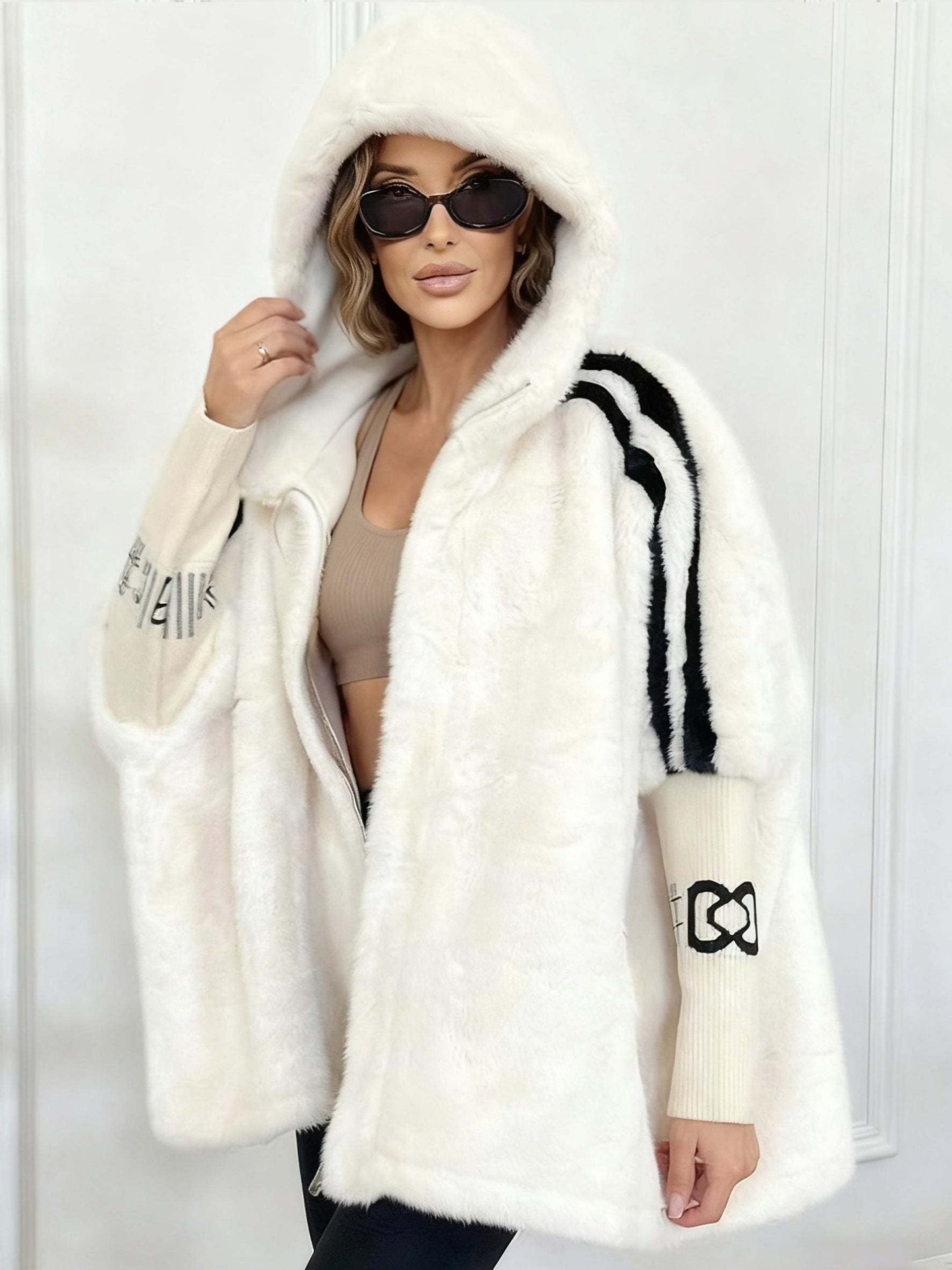Manteau Femme Élégant à Rayures avec Capuche et Fermeture Éclair