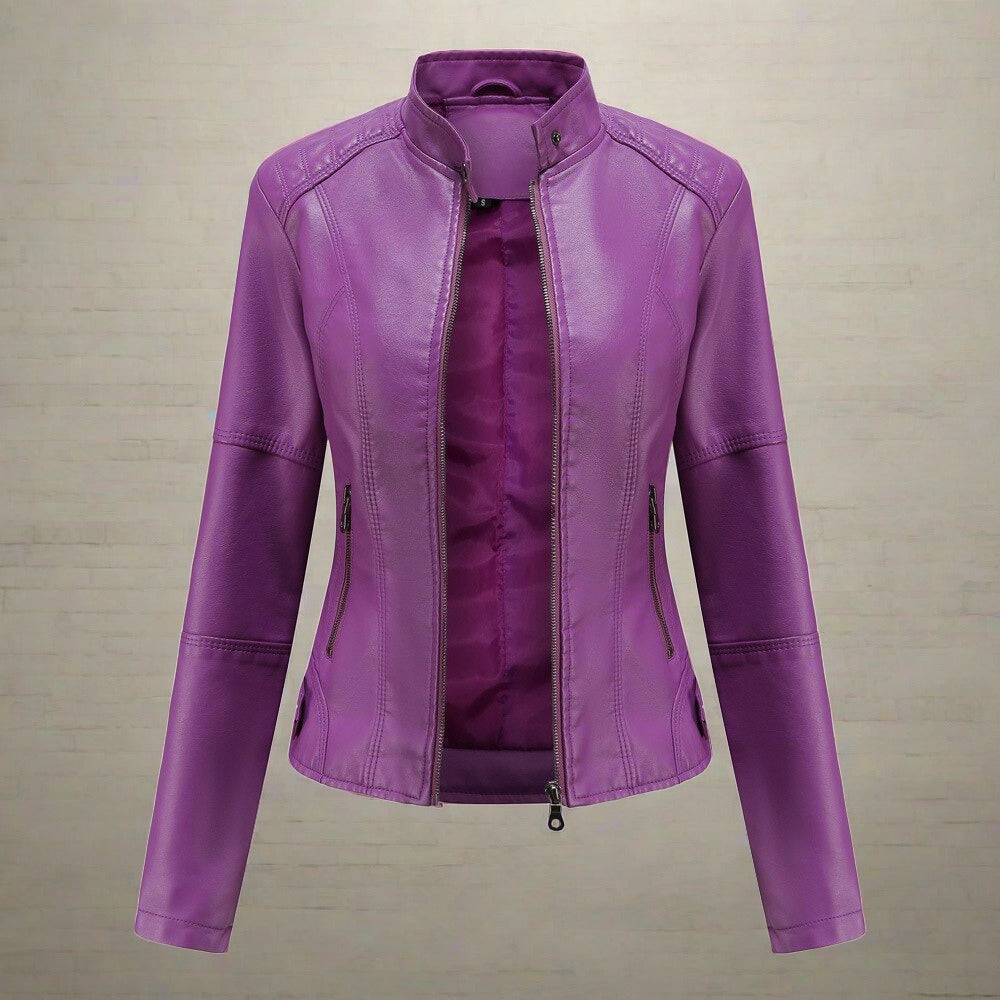 Veste Cuir Féminine Élégante avec Poches et Fermeture Éclair
