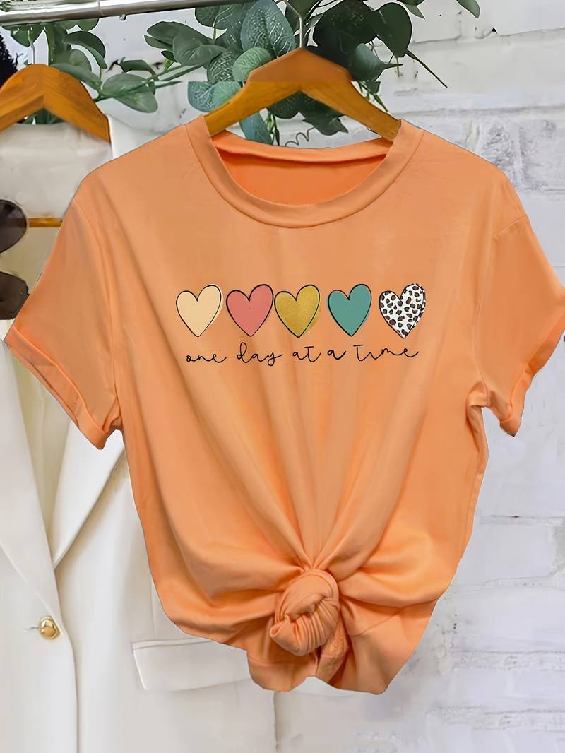 T-Shirt Décontracté à Manches Courtes avec Imprimé Cœurs Colorés pour Femme