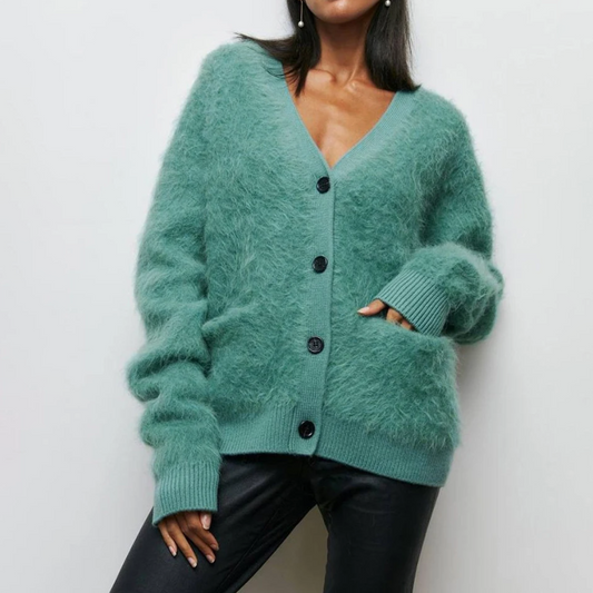 Gilet femme douillet vert forestier à boutons - LuxeStyle