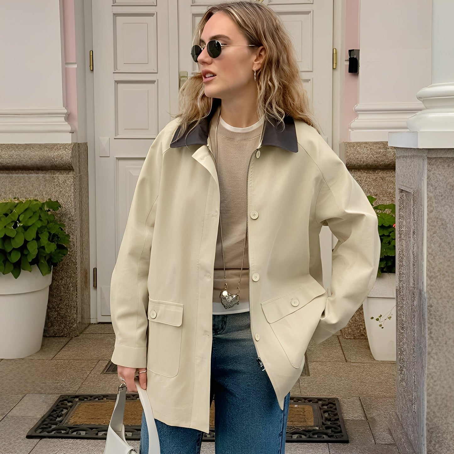 Veste Dégagée Col Polo et Contraste Chic pour Femme - LuxeStyle