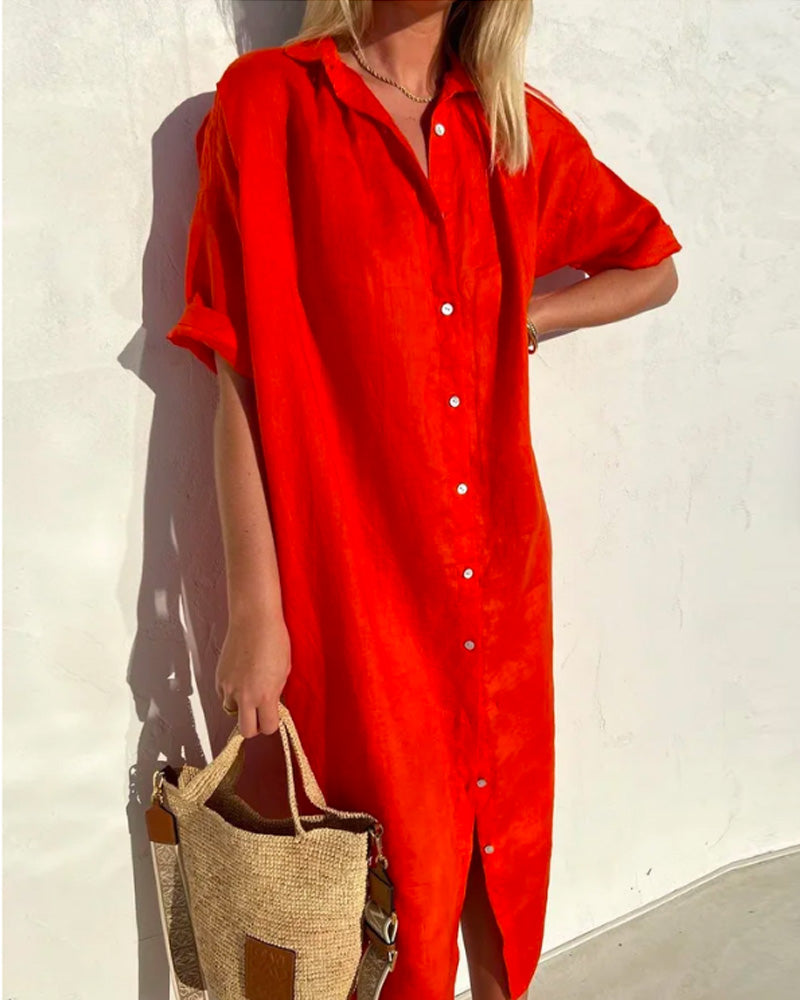 Robe Chemisier Rouge Lin Femme Manches Courtes - LuxeStyle