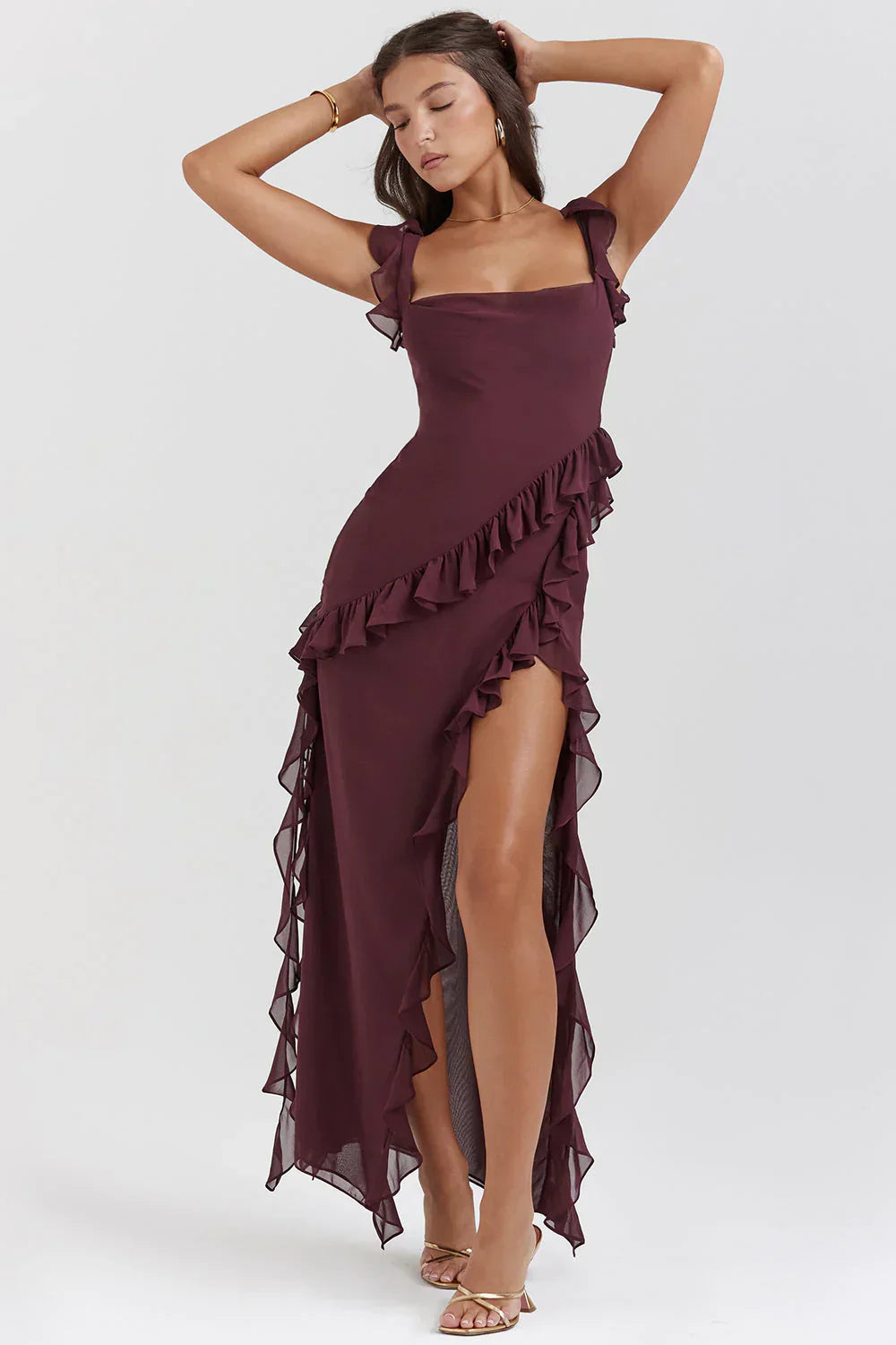 Robe Soirée Élégante Rouge Bourgogne pour Femme