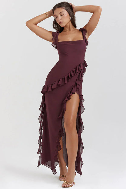 Robe Soirée Élégante Rouge Bourgogne pour Femme