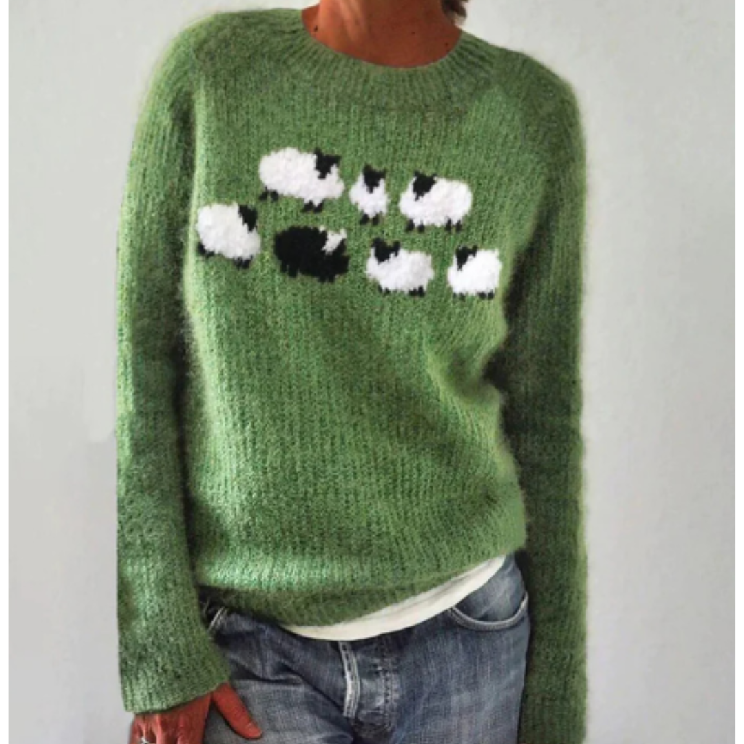 Pull Femme Hiver Laine Verte avec Moutons - LuxeStyle