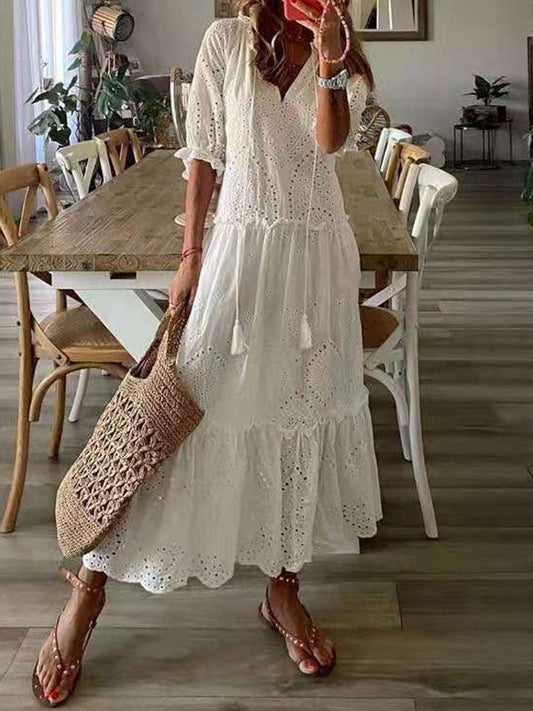 Robe de soirée dentelle blanc femme manches mi-longues - LuxeStyle