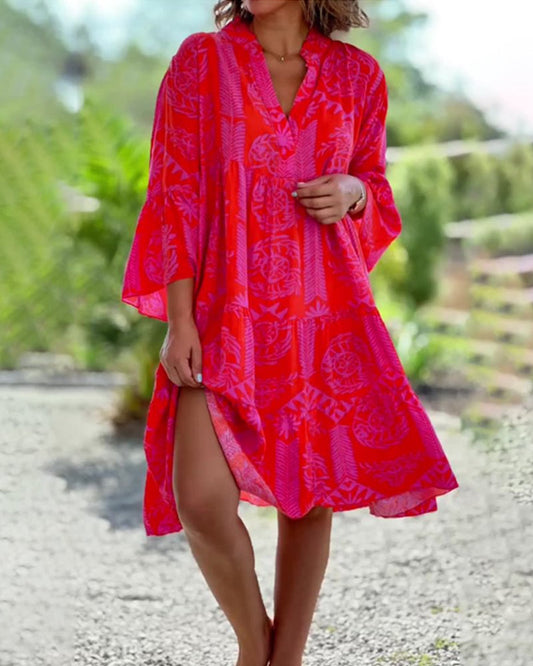 Robe Chic Femme Élégante – Manches Courtes, Motif Géométrique & Taille Relâchée - LuxeStyle