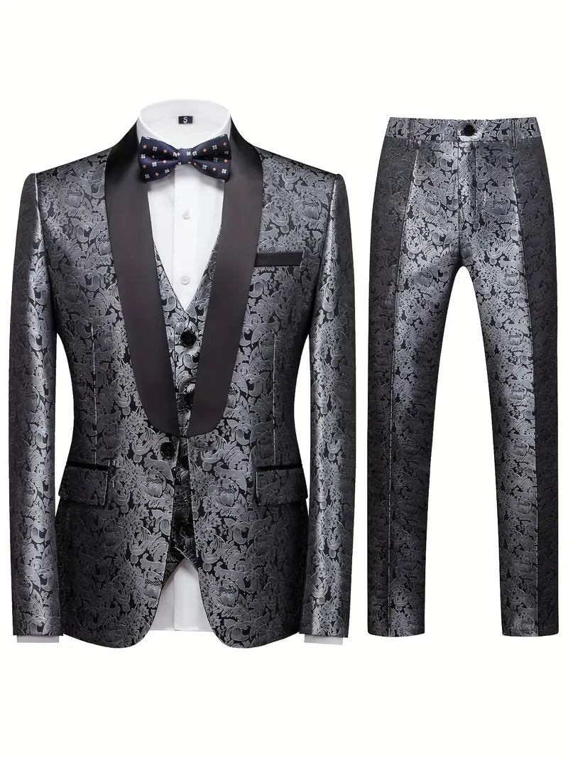 Costume Homme Élégant Fleuri Noir Argent - LuxeStyle