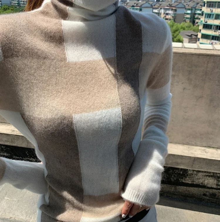 Pull Femme Hiver Carreaux Col Roulé - LuxeStyle