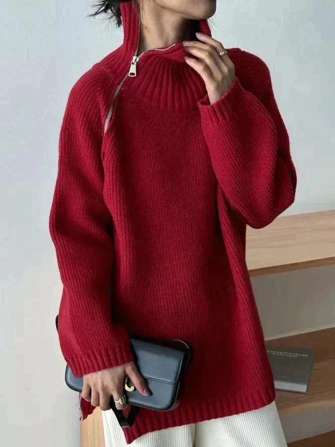 Pull Rouge Élégant Col Montant Pour Femme - LuxeStyle
