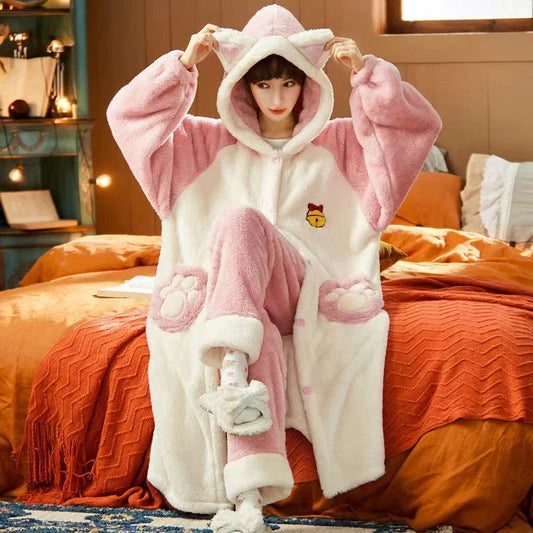 Pyjama Femme Hiver Long Coupe Décontractée avec Capuche - LuxeStyle