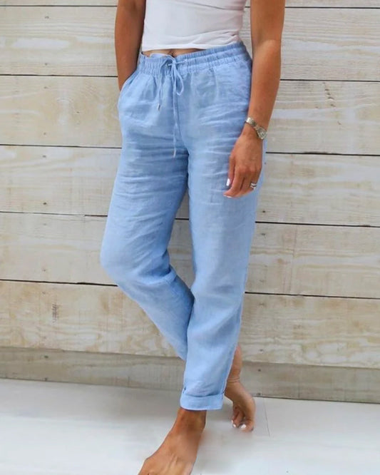 Pantalon Lin Élégant Bleu Ciel pour Femme - LuxeStyle