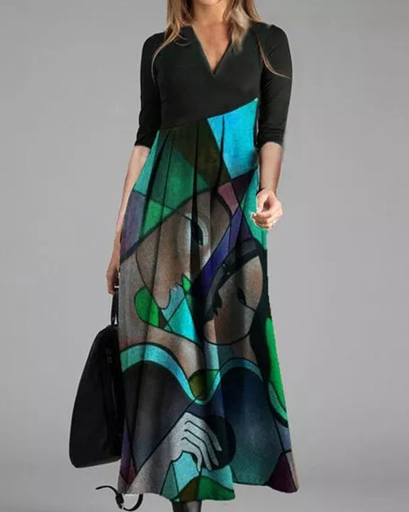 Robe Femme Chic - Robe Droite Classique à Manches Longues avec Imprimé Géométrique & Décoration Plissée