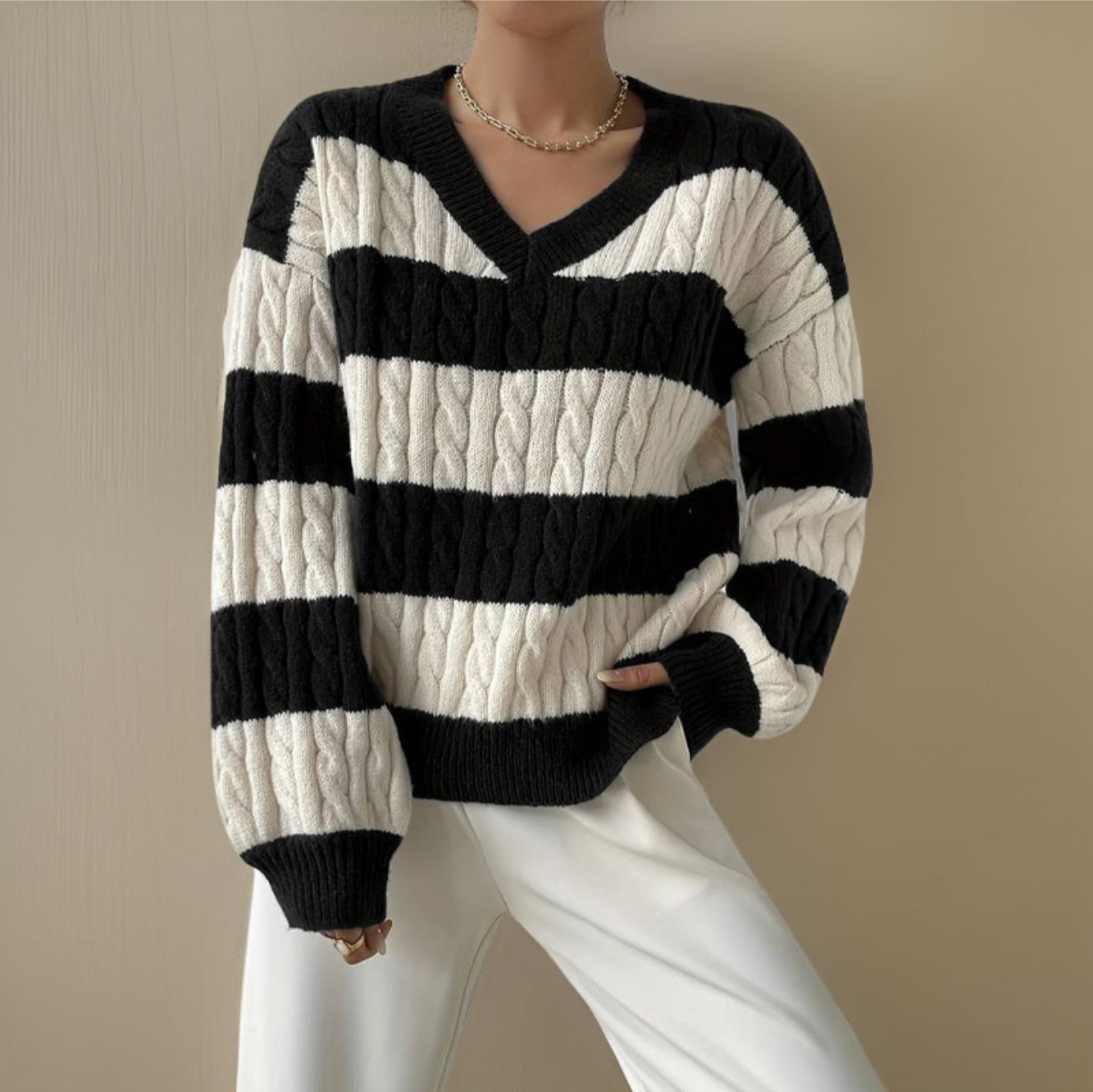 Pull Femme Élégant Manche Longue Noir et Blanc - luxestyle