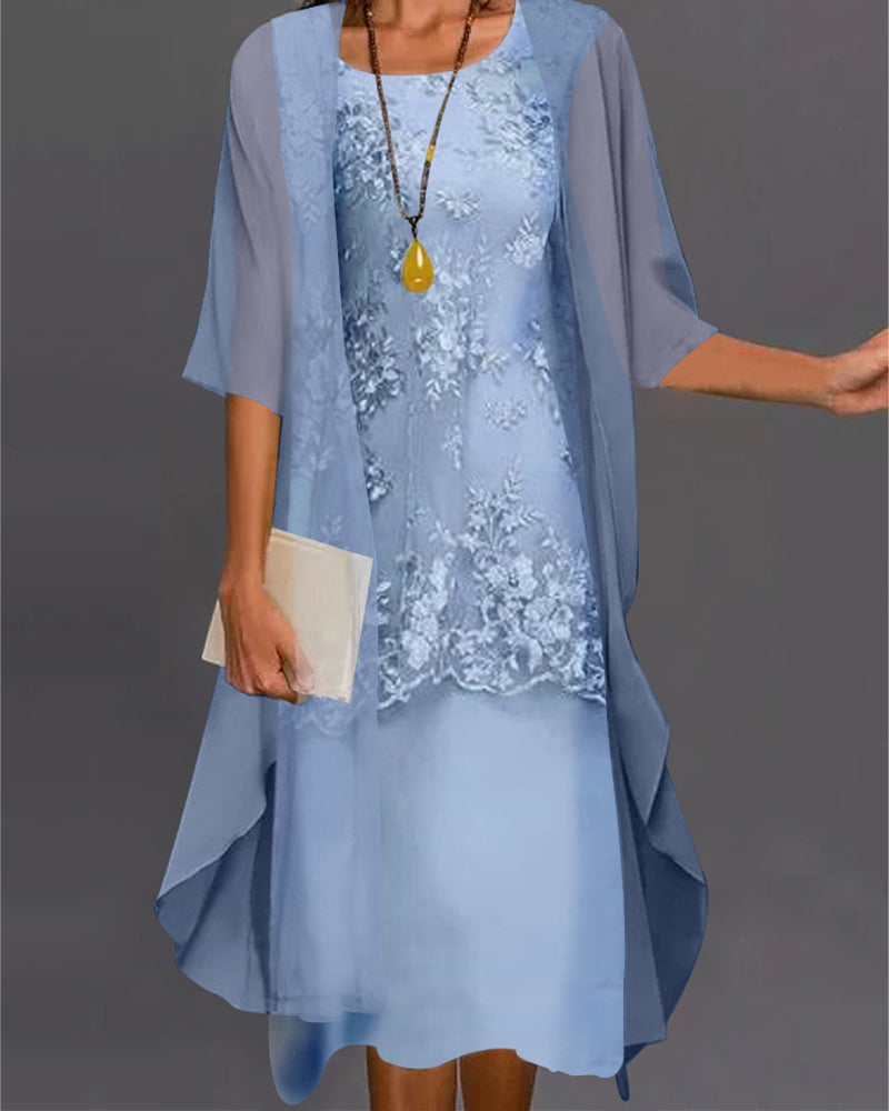 Robe Femme Chic Deux Pièces en Mousseline Dentelle