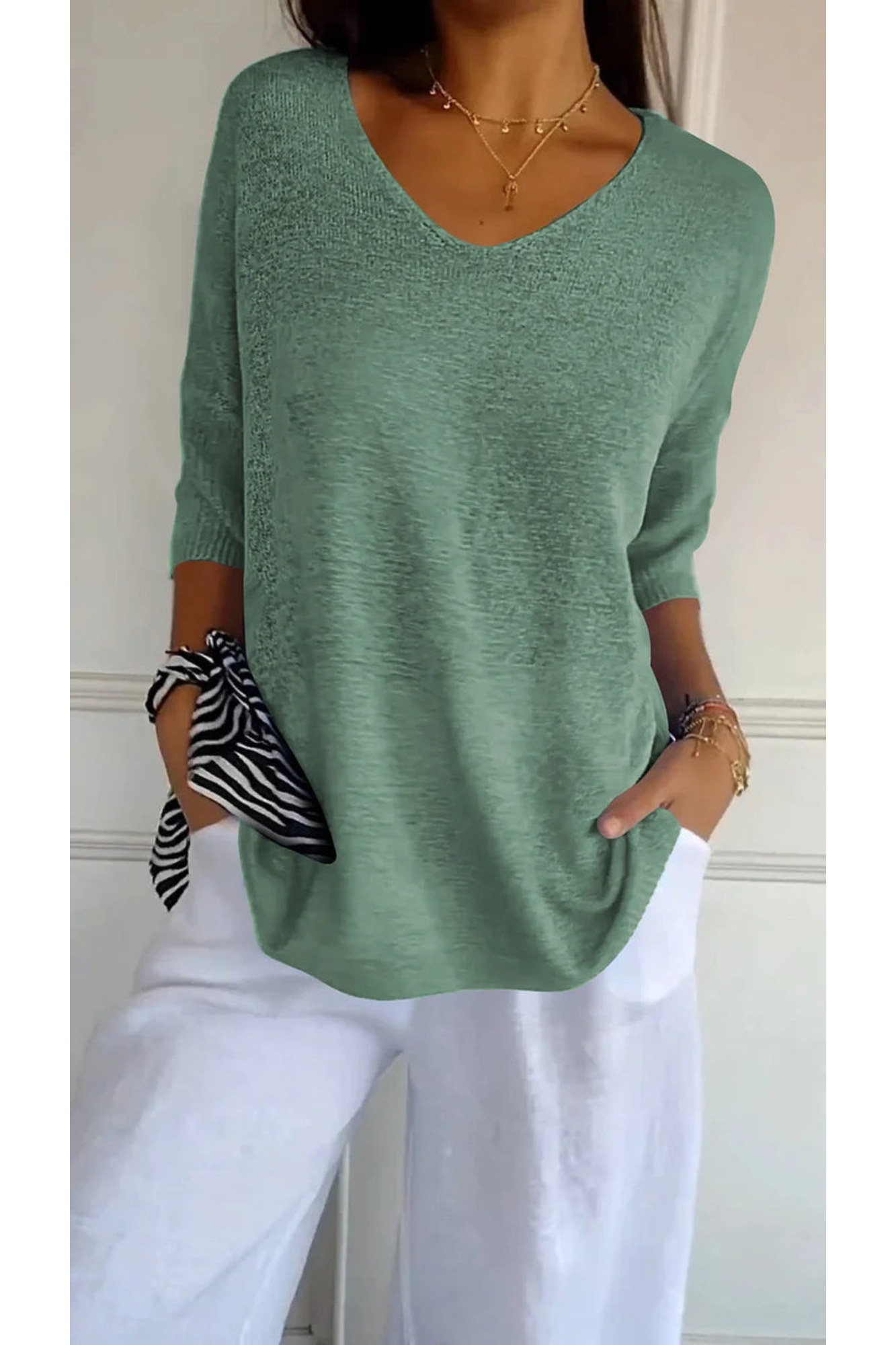 Top Élégant Col En V Manche Longue Femme - luxestyle