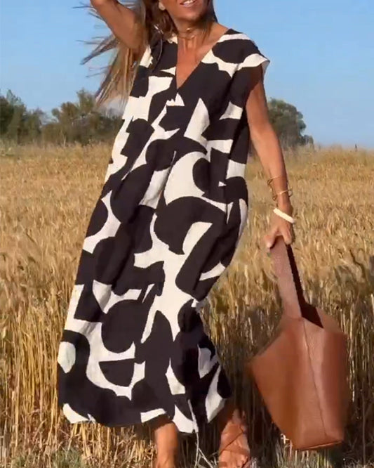 CamilleChic™ – Robe Femme Longue Élégante Col en V Tissu Doux et Respirant