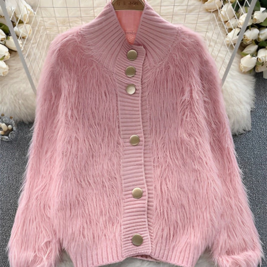Cardigan Douillet en Maille avec Col Rib et Fermeture Boutons - LuxeStyle