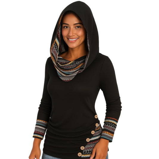 Sweat à capuche chic avec boutons et manches longues - LuxeStyle