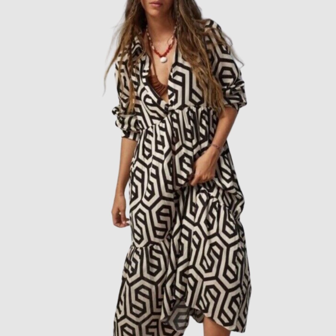 Zeolina™ – Robe Longue Femme Élégante à Manches Longues Design Géométrique