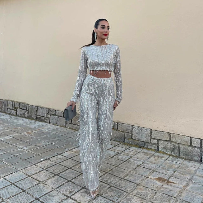 Tenue Femme Élégante Haut Court et Pantalon Slim - LuxeStyle