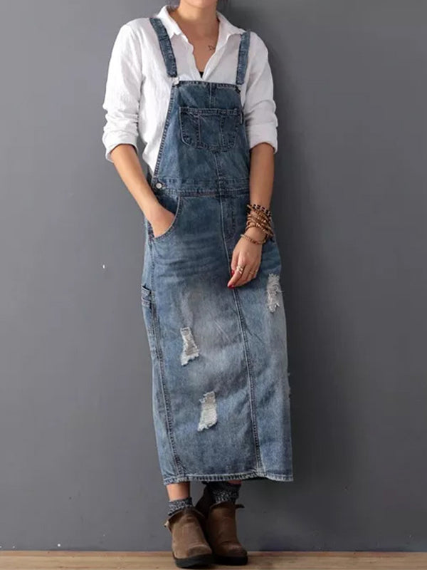 Robe salopette jean déchirée tendance femme - LuxeStyle