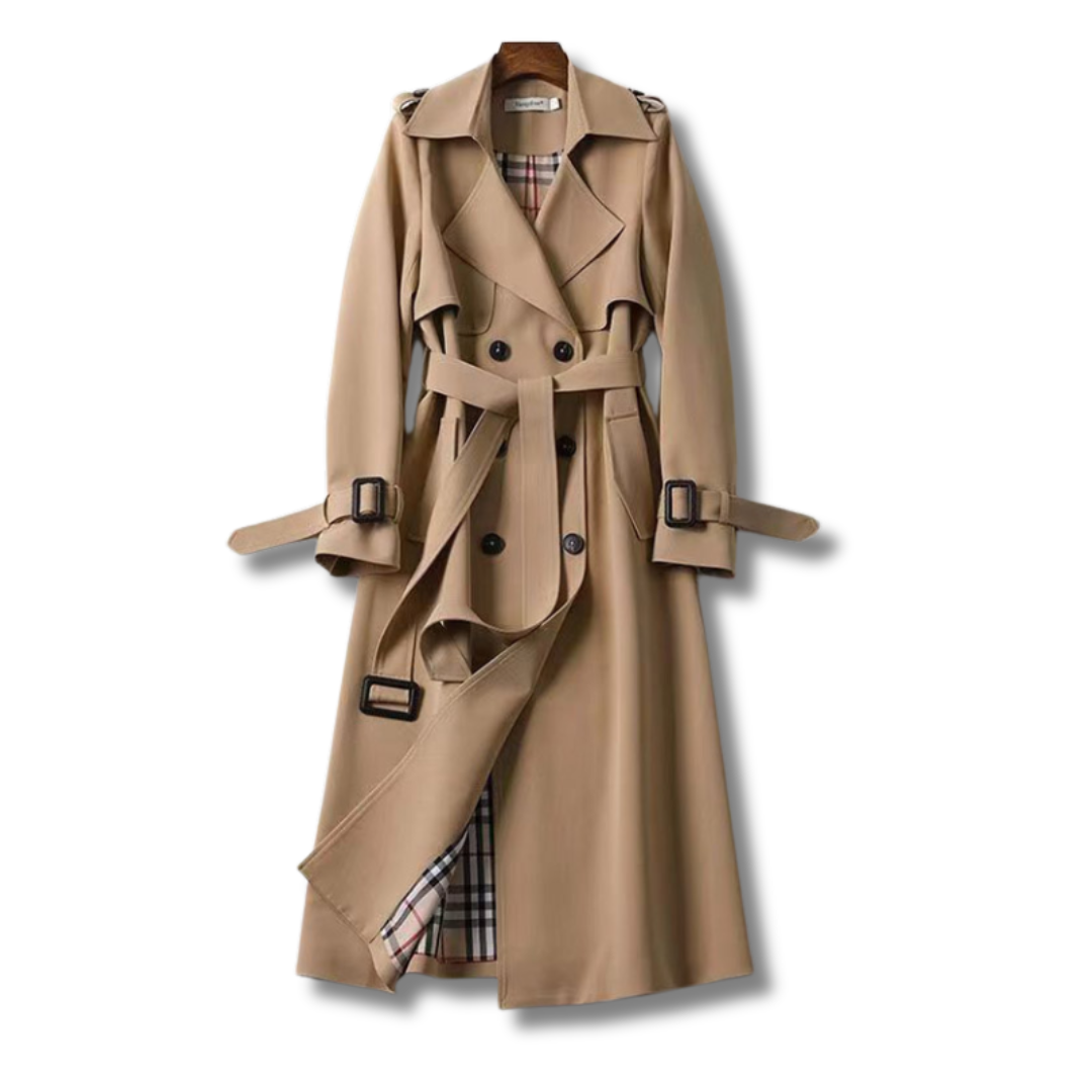 Manteau Femme Élégant Beige à Ceinture et Doublure Écossaise - LuxeStyle