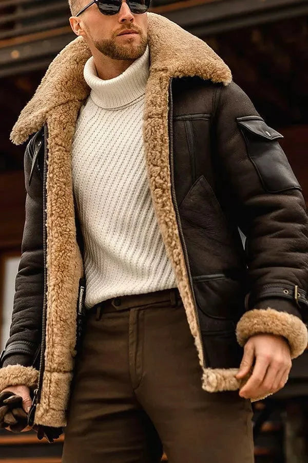 Blouson cuir brun doublé fourrure luxe - LuxeStyle