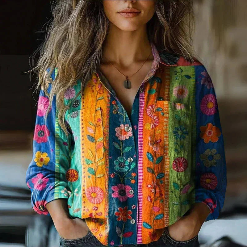 Blouse Féminine Bohème - Blouse Légère avec Imprimé Floral, Col V & Manches Courtes