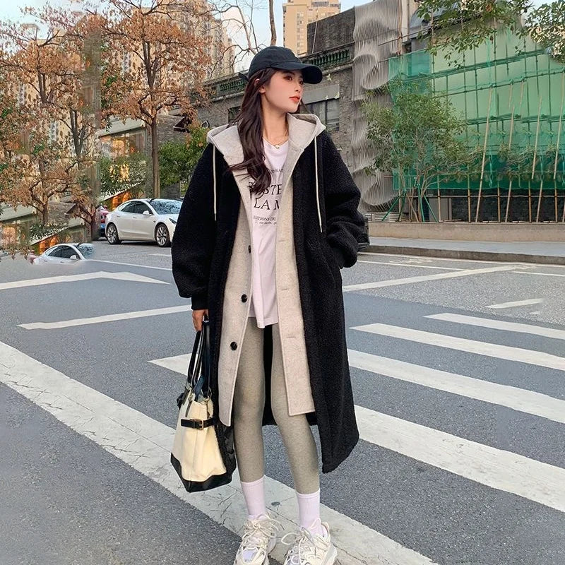 Manteau Femme Hiver Laine Gris et Noir