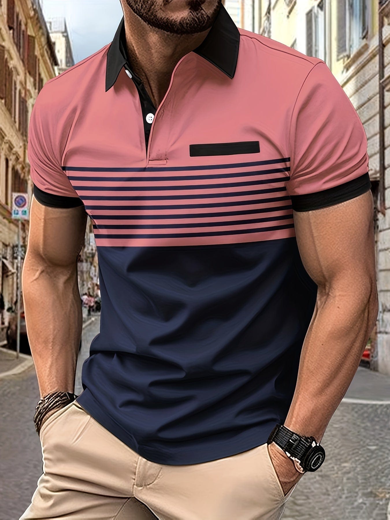 Polo Homme Marine à Rayures Courtes Manches