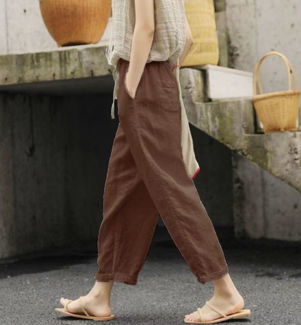 Pantalon casual chic noir femme en lin