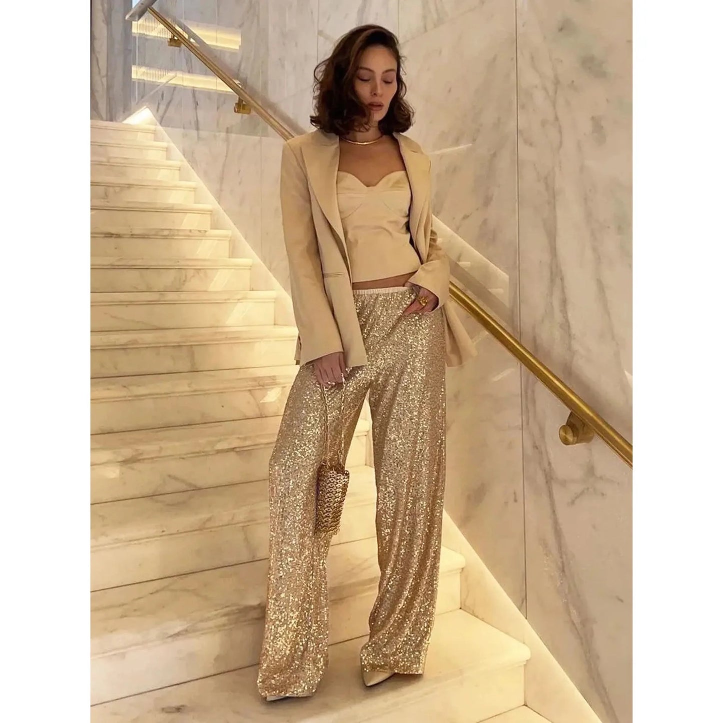 Pantalon Femme Pailleté Haut de Gamme Élégant