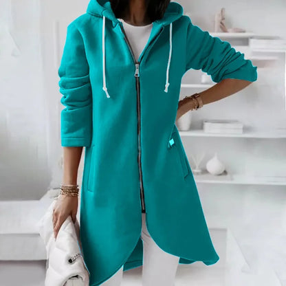 Veste Féminine Zippée Capuche Longue Décontractée